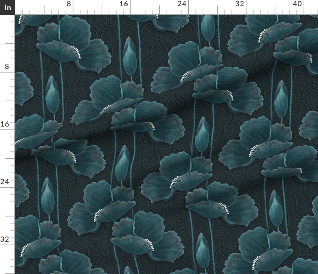 Moody Florals Dark Romantic Floral Poppy Field Art Deco Large Scale Teal Custom Printed Fabric by Spoonflower Various Fabrics by the Yard or Fat Quarter